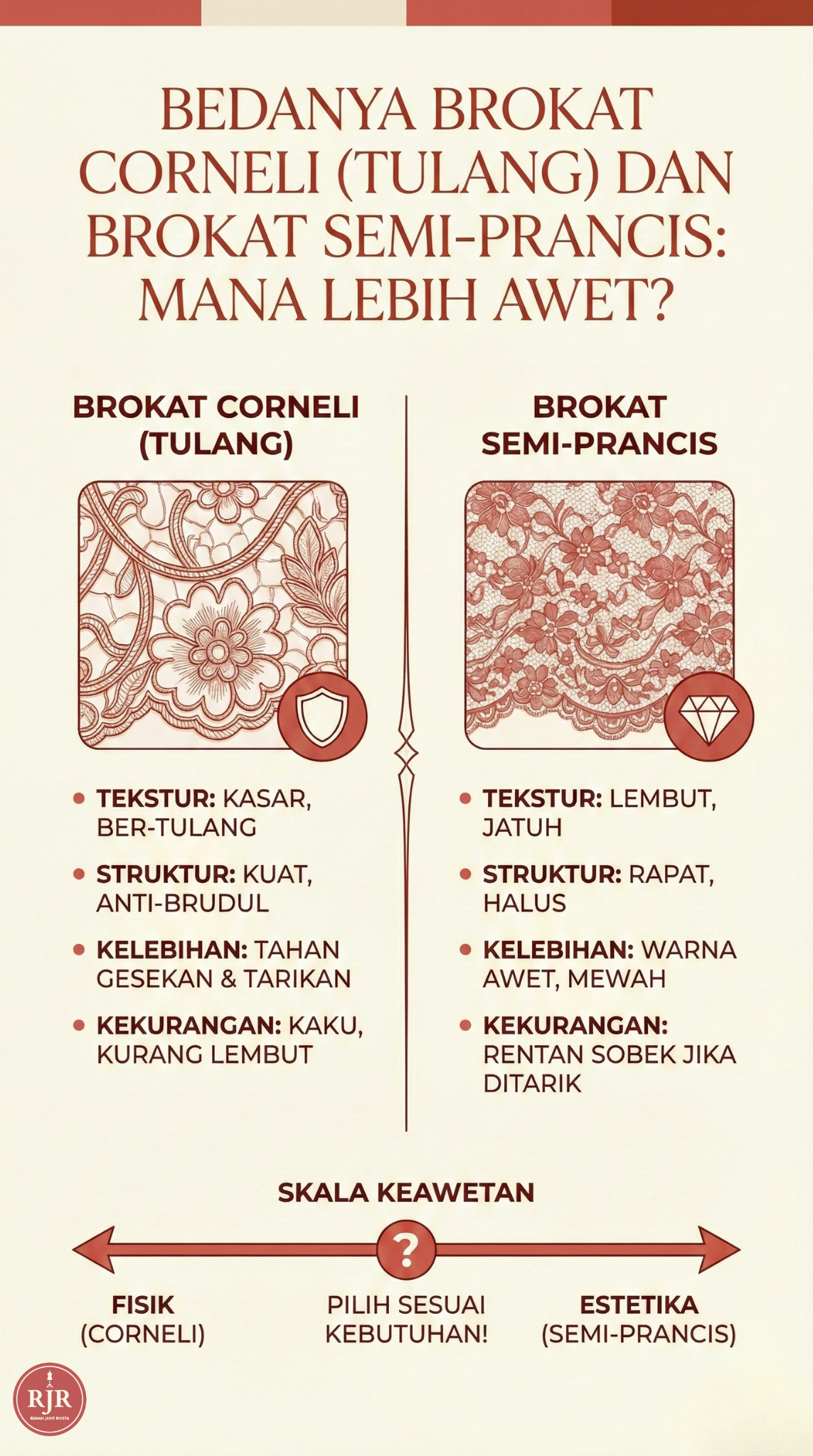 Infografis Bedanya Brokat Corneli dan Brokat Semi Prancis | Rumah Jahit Rhieta