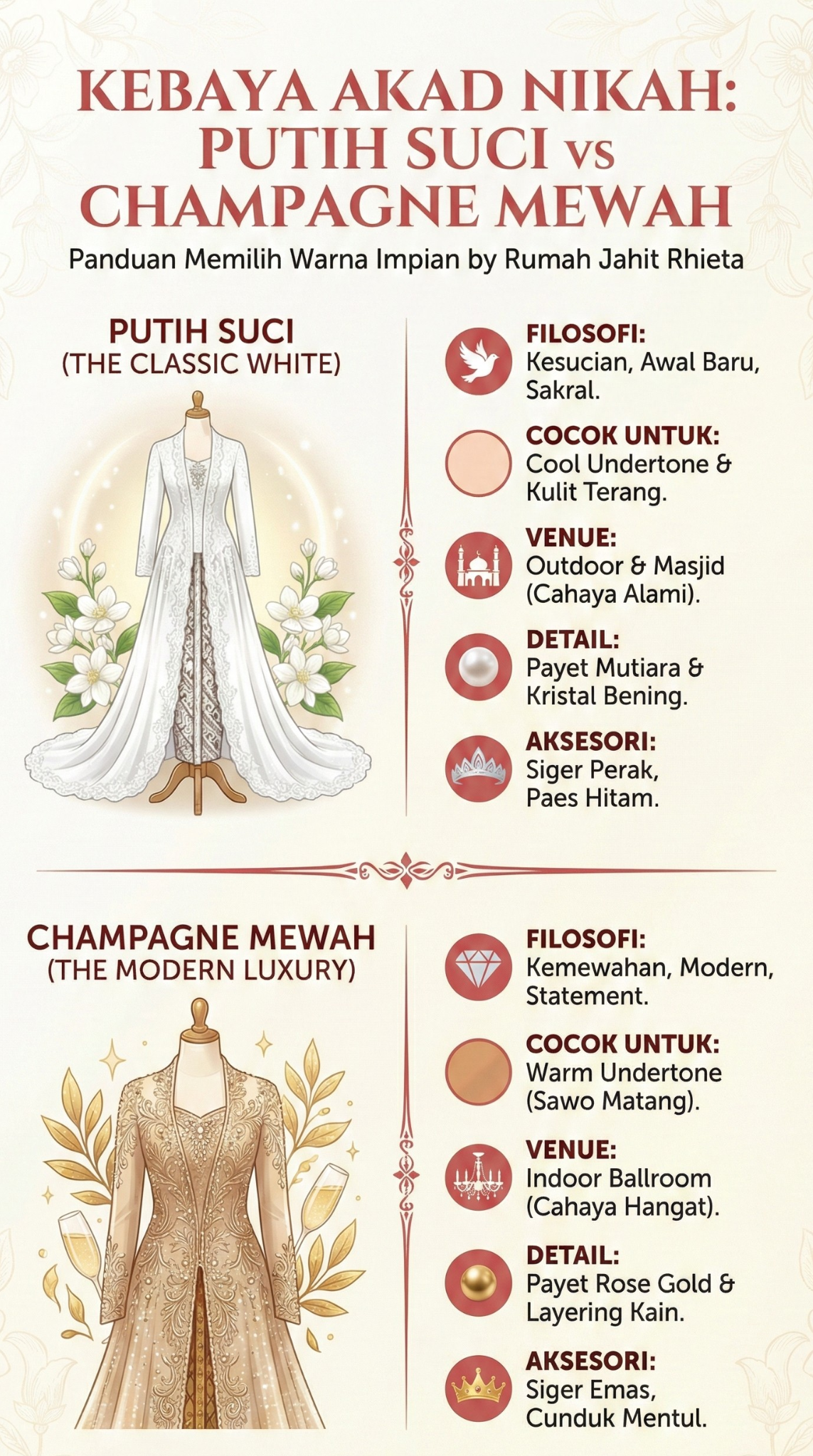 Infografis Kebaya Akad Nikah : Putih Suci vs Champagne Mewah | Rumah Jahit Rhieta