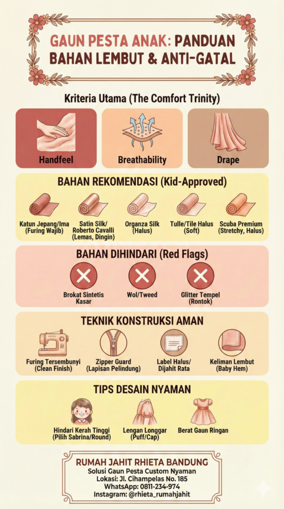 Infografis Panduan Bahan Lembut dan Anti Gatal untuk Gaun Pesta Anak | Rumah Jahit Rhieta
