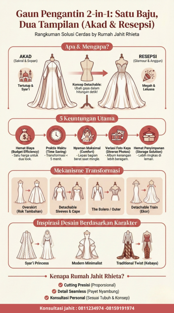Infografis Gaun Pengantin 2-in-1 Satu Baju Dua Tampilan Akad dan Resepsi | Rumah Jahit Rhieta