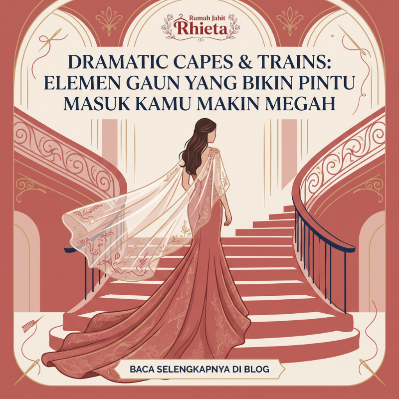 Ilustrasi pengantin wanita tampak belakang mengenakan gaun elegan berwarna terracotta hangat dengan detail cape transparan berbordir dan ekor gaun panjang yang menyapu anak tangga, merepresentasikan desain gaun pengantin megah dari Rumah Jahit Rhieta.
